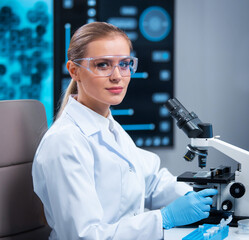 Female doctor works in a modern scientific laboratory using equipment and computer technologies....