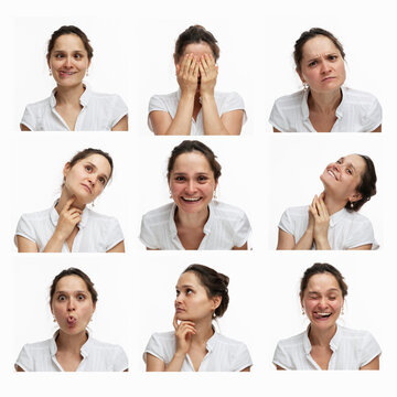 Young woman with different emotions. Brunette in a white blouse on a white background. Collage. Square format.