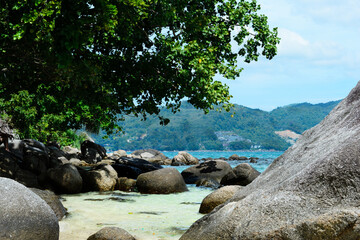 beach, sea, rocks, trees, hills, mountains, phuket, thailand