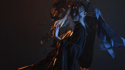 stylized samurai in a fantasy style, a young woman in a silk haori,