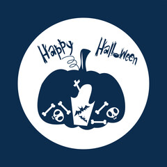 Vector illustration of a halloween party invintation with pumpkin, bat, headstone and text Happy Halloween for fabrics, paper, textile, gift wrap 