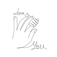 Vector one line art illustrations of a new born baby  and mother's hands. Lineart family portret