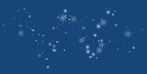 White delicate openwork snowflakes are scattered on a blue background. Festive background, postcard design, wallpaper