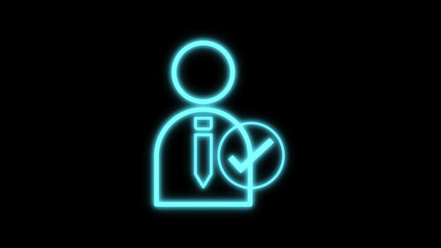 veryfied icon with blue neon light in blinking effect. loop 4k motion graphics isolated on black background. concept for veryfied account, pearson account and web symbol.