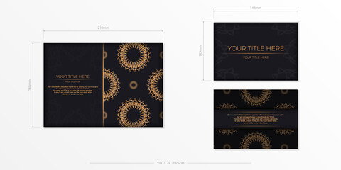 Stylish vector Template for print design postcards in black color with monogram patterns. Preparing an invitation with a dewy ornament.