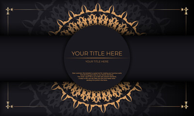Template for print design invitation card with vintage ornament. Black background with luxury vintage ornaments monograms and place for your design.
