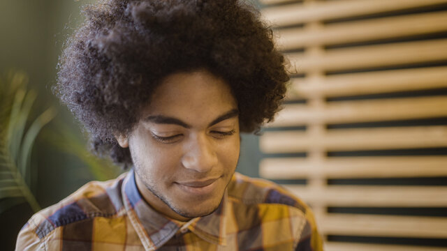 Smiling mixed race man with afro hair sitting in cafe, listening to his friend, night out