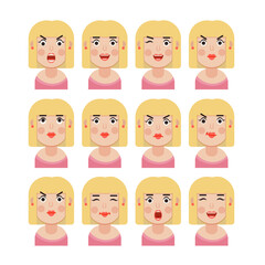 Set of woman's emotions. Facial expression. Girl Avatar, illustration in flat design