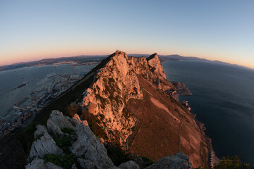 Rock of Gibraltar top of the cliff View with Mediterranean Sea fisheye drone