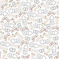 Seamless pattern from cookies, cinnamon, chocolate, cane sugar and spice cloves. white background. Hand drawing. Vector illustration.