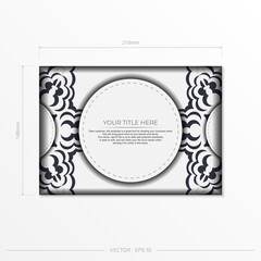Preparation of invitation card with dewy patterns. Stylish vector template for print design postcard in white color with monograms.