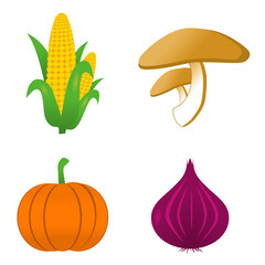 Mushroom, corn, onion, pumpkin vector icons. Set of vegetables cartoon icons.