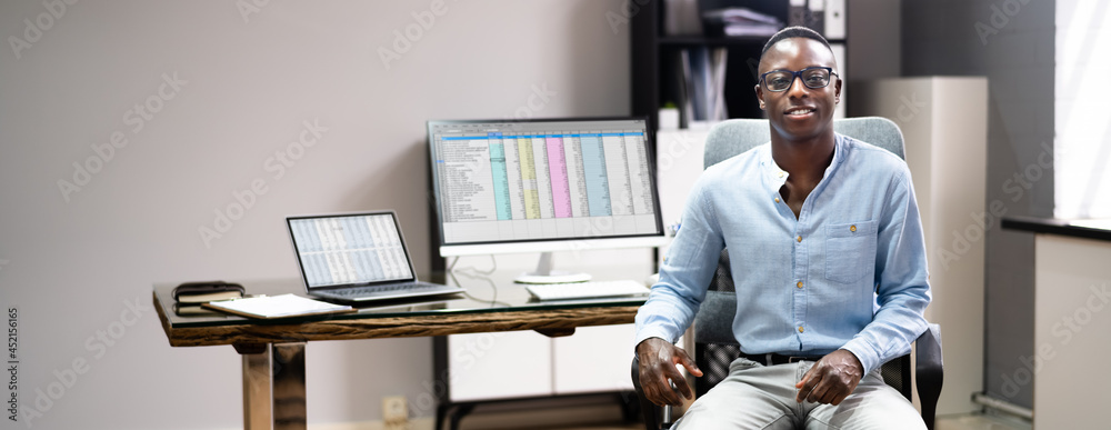 Poster african data analyst man using spreadsheet