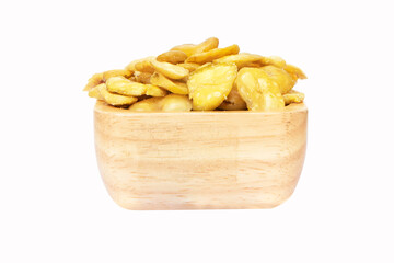 Nuts salt baking or Salted broad beans or vicia faba on wooden cup. Crispy it's a snack. It is popular at parties and as a light snack. Isolated on white background.