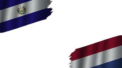Netherlands and El Salvador Flags Together, Wavy Fabric Texture Effect, Obsolete Torn Weathered, Crisis Concept, 3D Illustration © MotionCenter