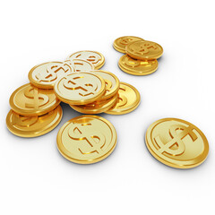 Gold coins on white background. Gold coins or business coins. 3D illustration.