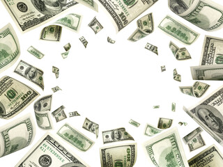 Dollar sign. American money. Cash white background, us bill. Money falling.