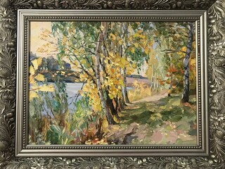 Country landscape painted with new oil paints. Massive huge trees, green grass. Positive color poetic mood. Bright colours foliage. wide voluminous brush strokes of artists. Antique silver gray frame