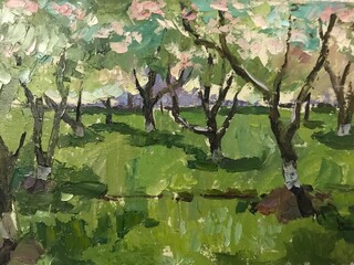 Country landscape painted with oil paints on canvas. Massive huge trees, green grass. Positive color poetic mood. Bright colours foliage. Wide voluminous brush strokes of artist. Garden blossom trees