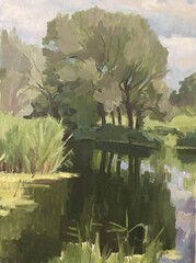 Country landscape painted with oil paints on canvas. Massive huge trees, green grass. Positive color poetic mood. Bright colours foliage. Wide voluminous brush strokes of artist. Clear river and reeds - 452158142