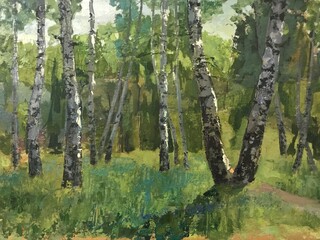 Country landscape painted with oil paints on canvas. Massive huge trees, green grass. Positive color poetic mood. Bright colours foliage. Wide voluminous brush strokes of artist. Russian Birch trunks