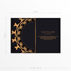 Preparation of invitation card with dewy patterns. Stylish vector template for print design of postcard in black color with Greek