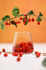 Fresh Goji berries in transparent glass. Healthy antiage superfood.