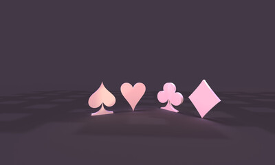 Figures of a rhombus, a cross, a heart. Playing card figures. Composition on the topic of card games, casinos, gambling. Dark background. Minimal modern style. 3d rendering.