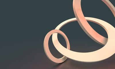 Abstract circles, rings. Dark background. Soft, pink, yellow light. 3d rendering. Modern minimal style.