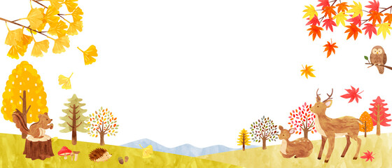 秋の森にいるかわいい動物達の背景素材 手描き水彩画イラスト 横長 03 Acorn Wall Mural Aco Fuwari 秋の森にいるかわいい動物達の背景素材 手描き水彩画イラスト 横長 03 Acorn Wall Mural Aco Fuwari