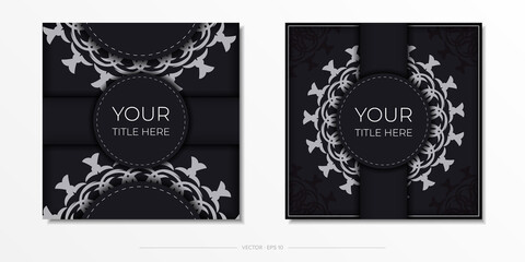 Preparing an invitation with a dewy ornament. Stylish template for print design postcard in black color with greek