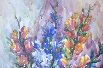 Colorful picturesque background. Beautiful gladiolus blossoms artwork. Brush strokes aquarelle texture with copy space. Autumn charm wellness concept.