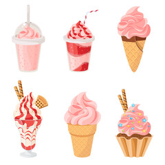 Set of Strawberry desserts and drinks. Cupcake, milkshakes, ice cream hot chocolate. vector illustration