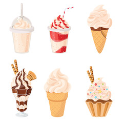 Set of vanilla desserts and drinks Cupcake, milkshakes, ice cream hot chocolate, coffee. vector illustrations