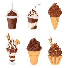 Set of chocolate desserts and drinks Cupcake, milkshakes, ice cream hot chocolate, coffee. vector illustration