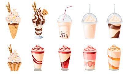 Realistic set of vanilla desserts and drinks Cupcake, milkshakes, ice cream hot chocolate, coffee. vector illustrations