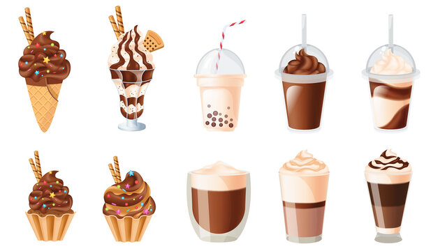 Realistic Set Of Chocolate Desserts And Drinks Cupcake, Milkshakes, Ice Cream Hot Chocolate, Coffee. Vector Illustration