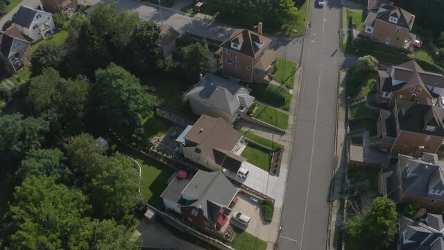 An aerial view looking down upon a typical Pennsylvania residential neighborhood. Pittsburgh suburbs.  	