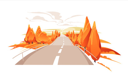 Emty road to the hills. Scenic autumn landscape with asphalt road passing to high hills. Traveling and adventures through scenery meadows along a curving road
