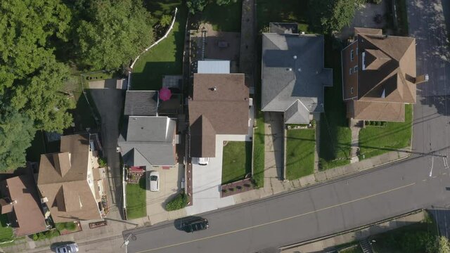 An aerial view looking straight down on a typical Pennsylvania neighborhood. Pittsburgh suburbs.  	