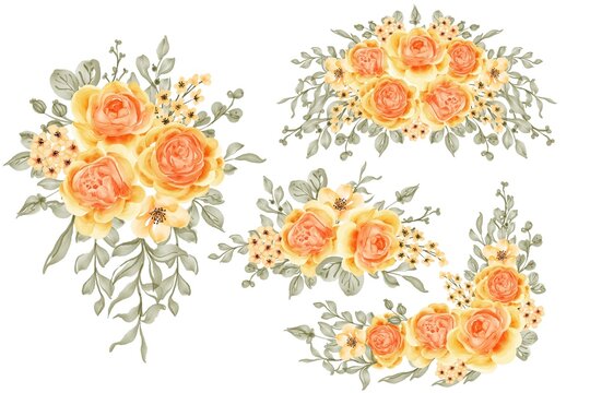watercolor set of flower arrangement rose talitha yellow orange and leaves