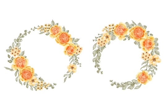 set of watercolor flower wreath rose talitha yellow orange and leaves