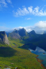 Helvetestinden mountain hike near to Bunes beach with a view of Bunesfjorden, Kjerkfjorden and Vindstad in Lofoten islands, Nordland