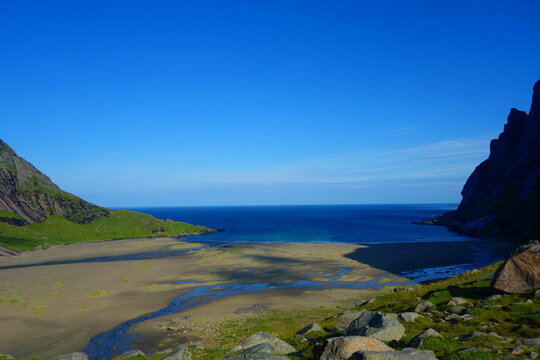 Bunes beach located near to Vindstad villagen in Lofoten, Norway
