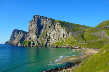 Kvalvika beach, picturesque view from above - the UNESCO world heritage spot on Moskenes island, Lofoten islands archipelago in Norway, Scandinavia, Europe. Atlantic ocean over polar circle.