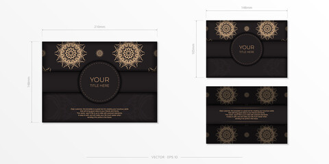 Preparation of invitation card with vintage patterns. Stylish template for print design of postcard in black color with greek
