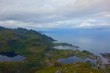 Munkebu hut hiking trail during arctic summer in mountains of Lofoten, Norway, Nordland