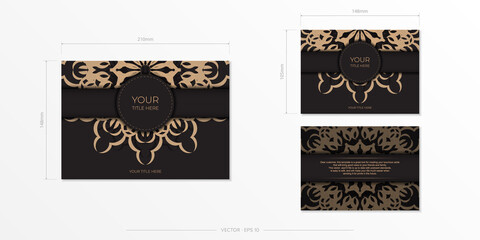 Preparation of invitation card with vintage patterns. Stylish template for print design of postcard in black color with greek