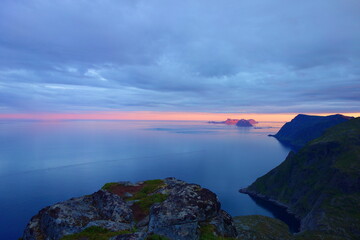Fototapeta na wymiar Vaeroya island mountain range during summer sunset in Lofoten, Norway