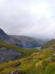 Munkebu hut hiking trail during arctic summer in mountains of Lofoten, Norway, Nordland